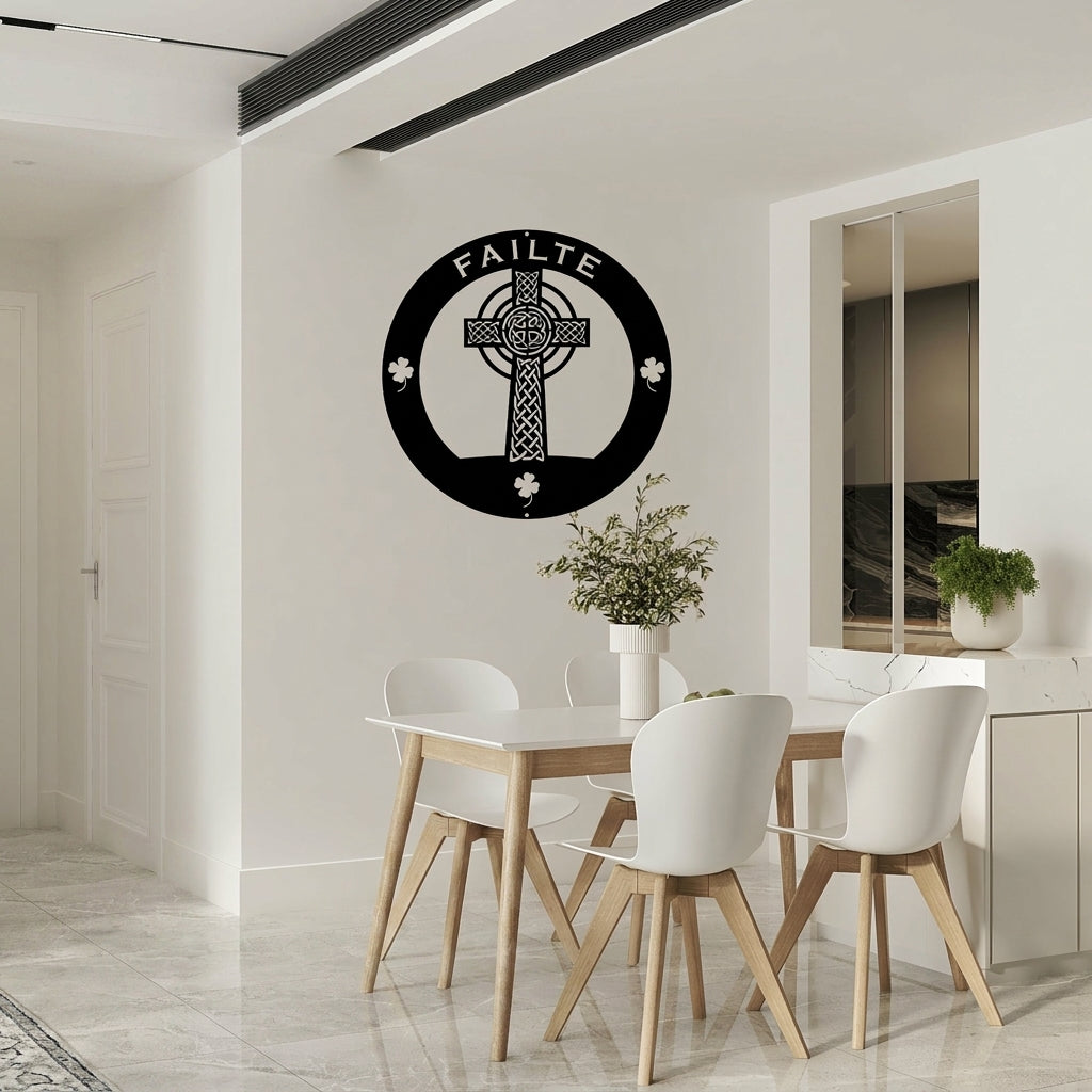 Custom Celtic cross metal sign with shamrock accents displayed in modern dining room interior décor