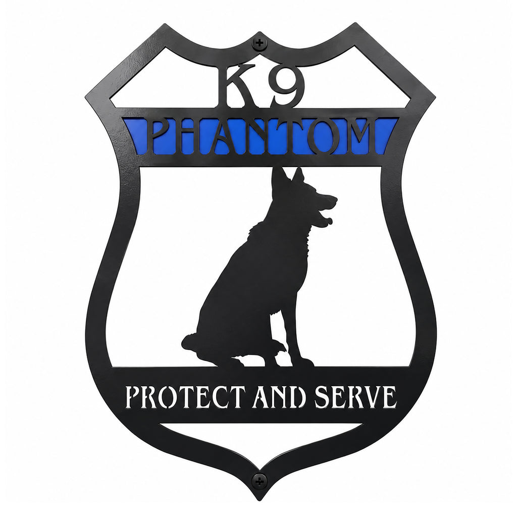 Custom K9 German Shepherd metal sign featuring a police badge shape, personalized dog name, blue accent lettering, and Protect and Serve text precision laser cut from powder-coated steel.