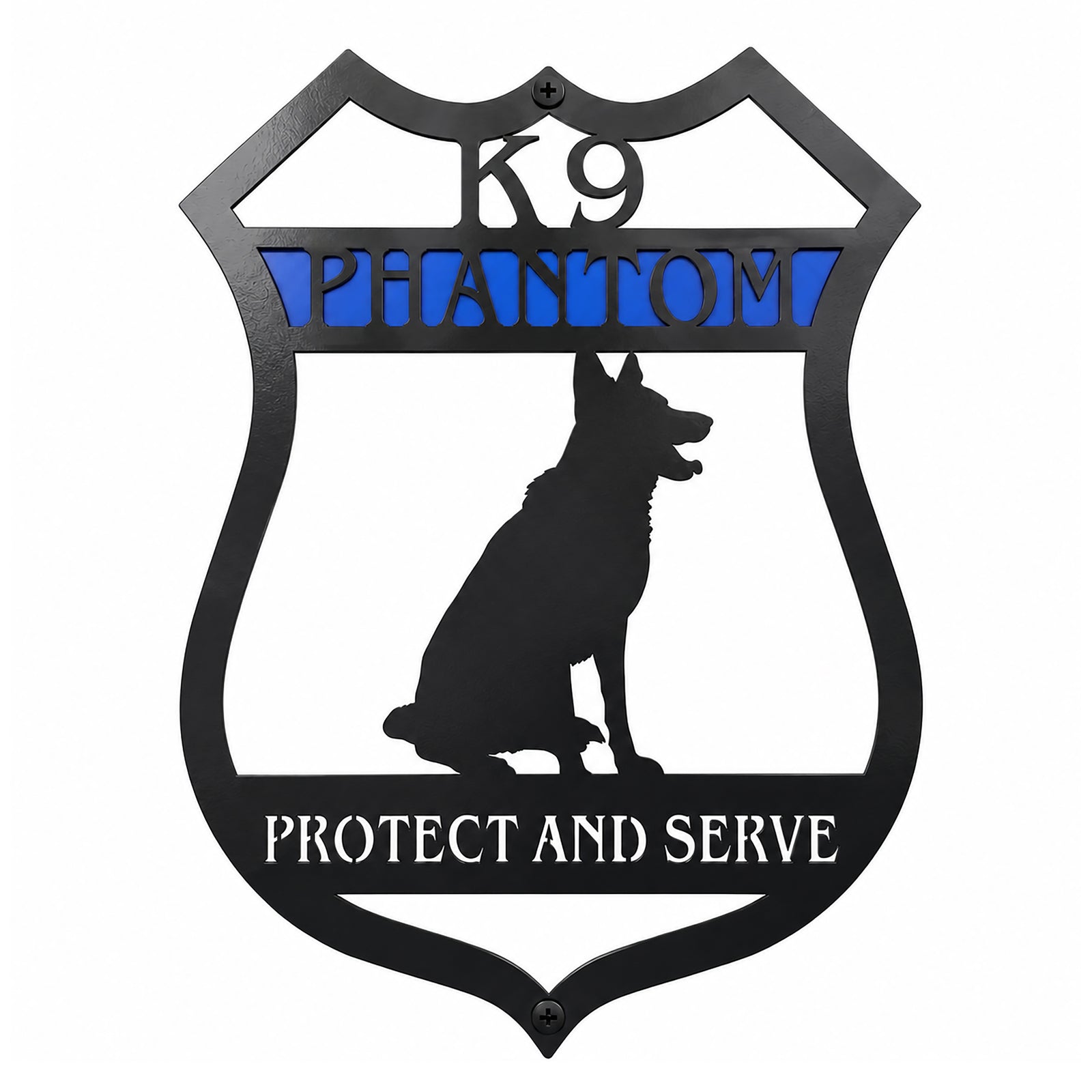 Custom K9 German Shepherd metal sign featuring a police badge shape, personalized dog name, blue accent lettering, and Protect and Serve text precision laser cut from powder-coated steel.