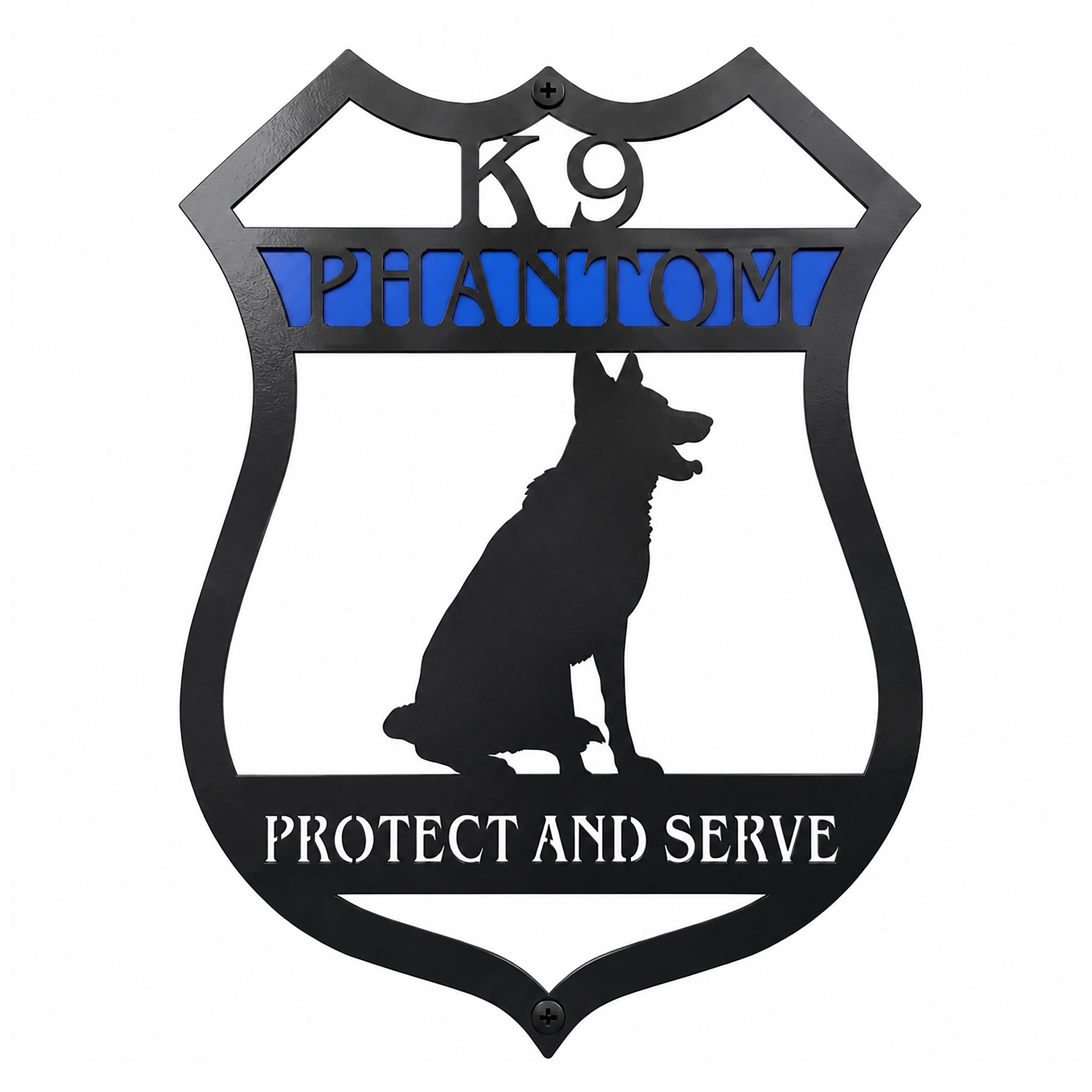 Custom K9 German Shepherd metal sign featuring a police badge shape, personalized dog name, blue accent lettering, and Protect and Serve text precision laser cut from powder-coated steel.