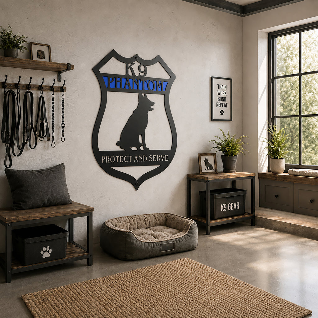 Personalized K9 German Shepherd metal sign mounted in a K9 training room with dog gear, benches, and a custom dog bed showcasing a police dog tribute design.