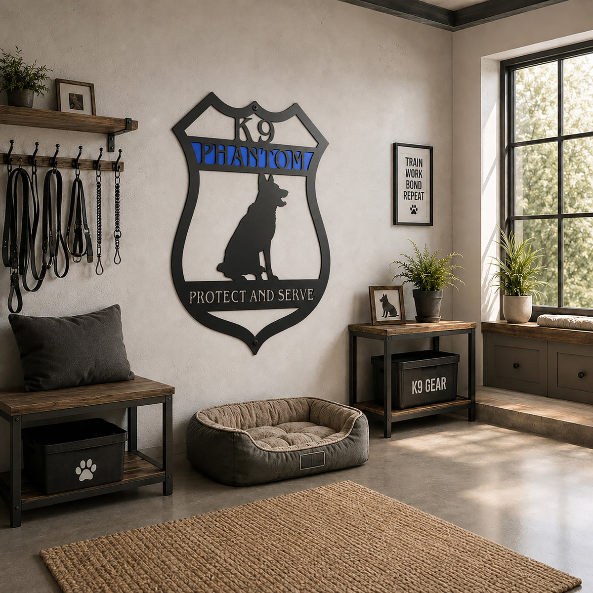 Personalized K9 German Shepherd metal sign mounted in a K9 training room with dog gear, benches, and a custom dog bed showcasing a police dog tribute design.