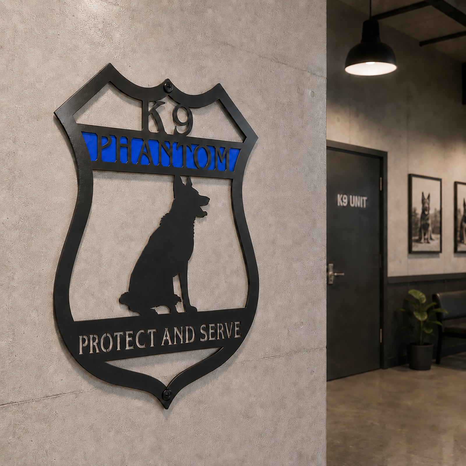 Personalized K9 German Shepherd metal sign displayed inside a K9 unit facility with police dog artwork and modern industrial décor highlighting a custom canine tribute.