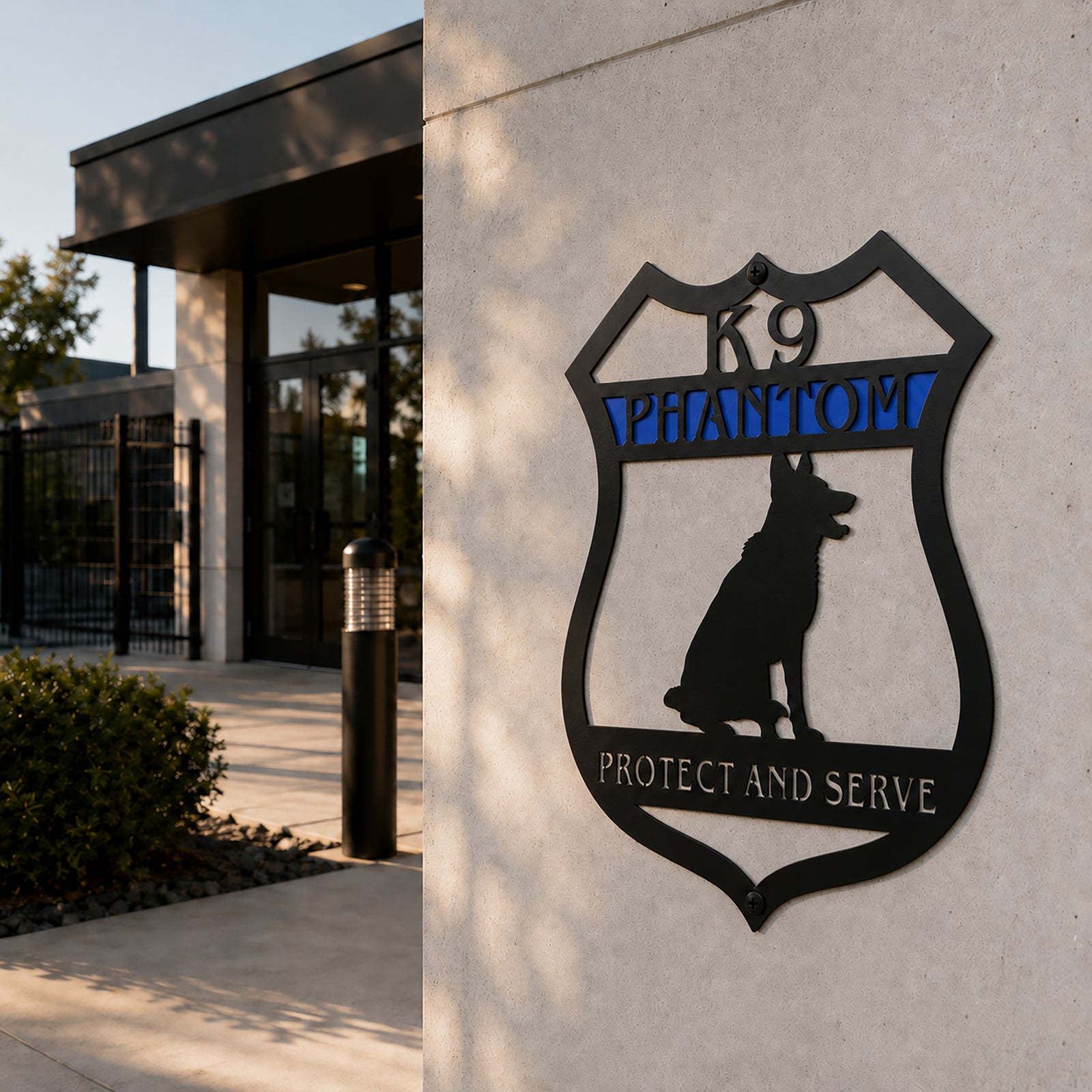 Custom K9 German Shepherd metal sign mounted on an exterior wall near a law enforcement facility entrance featuring personalized blue lettering and Protect and Serve text.
