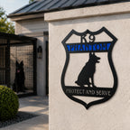 Custom K9 German Shepherd metal sign mounted on a stucco wall outside a professional K9 kennel area featuring personalized dog name and Protect and Serve wording.