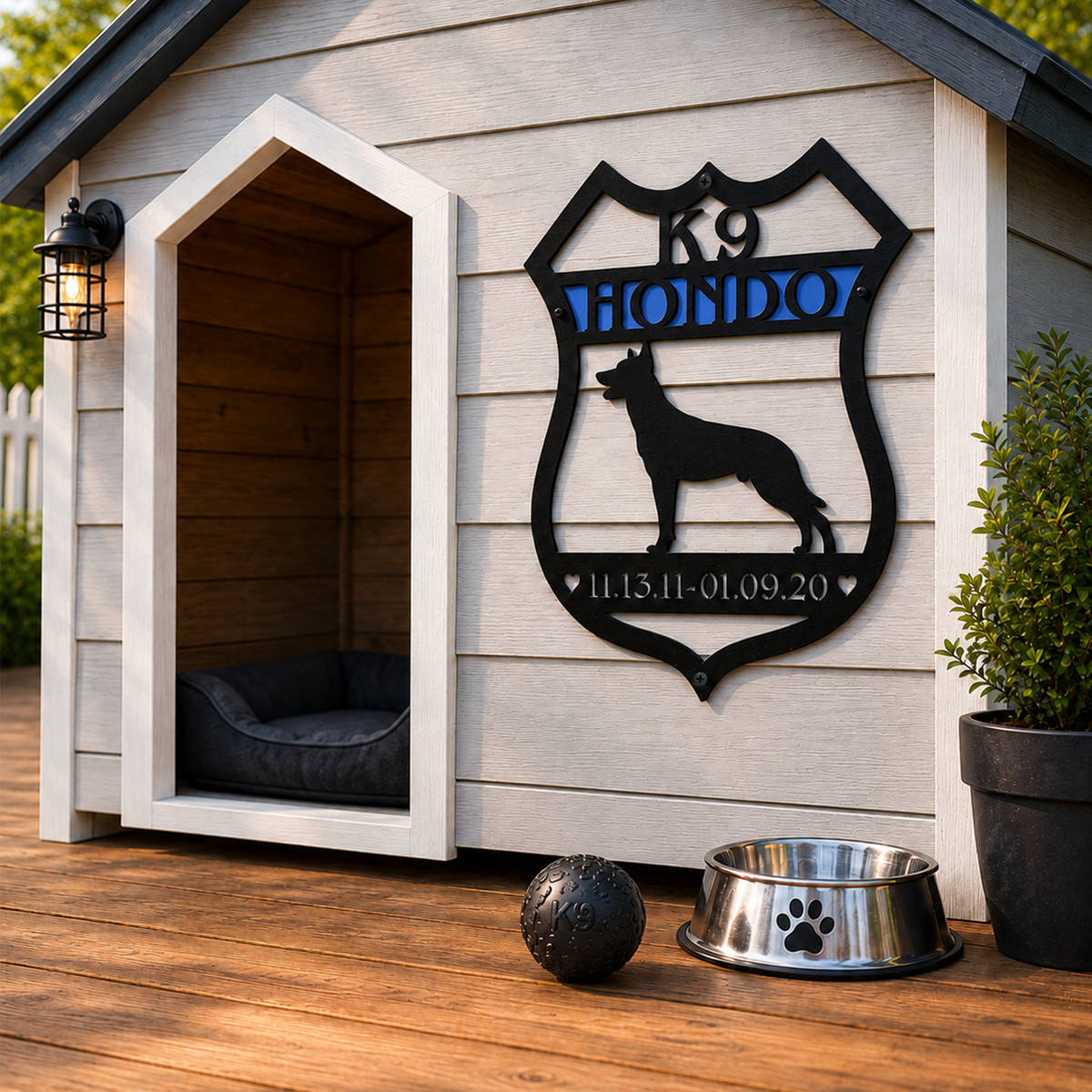 Custom Police K9 badge metal sign with German Shepherd silhouette displayed on outdoor dog house
