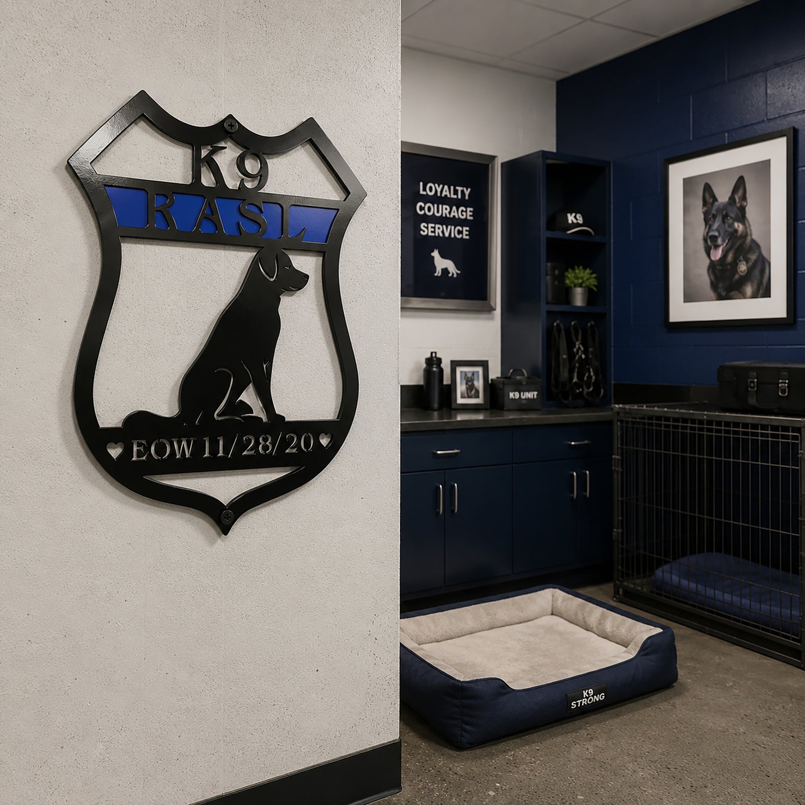 Personalized K9 memorial badge metal sign displayed on an indoor wall beside a dog crate and K9 themed decor in a training room