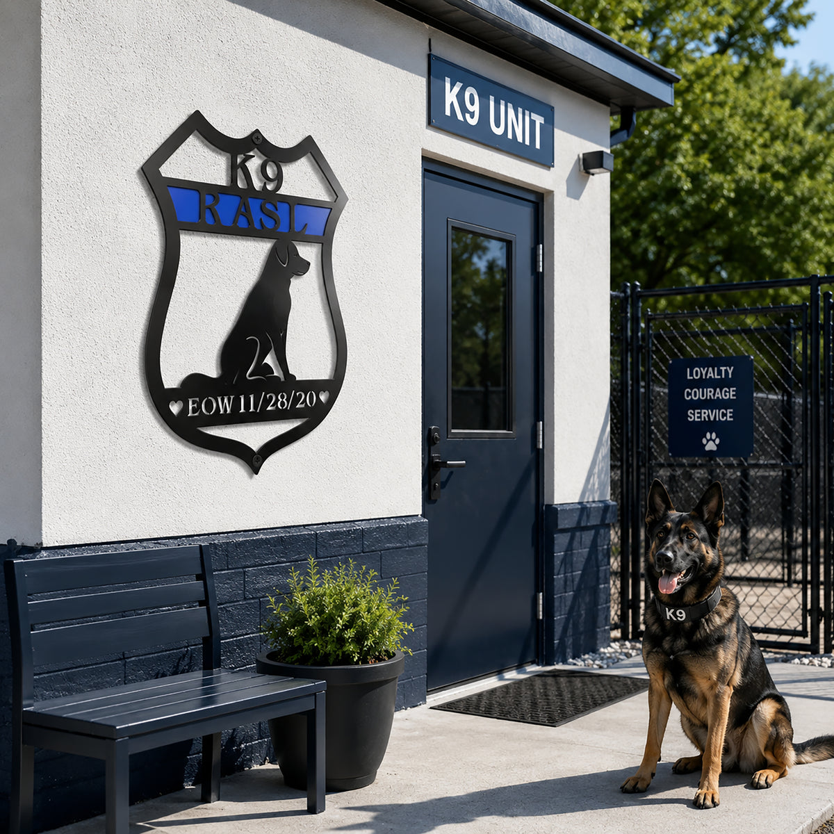 Personalized K9 memorial badge metal sign mounted outside a K9 unit building with a German Shepherd sitting near the entrance
