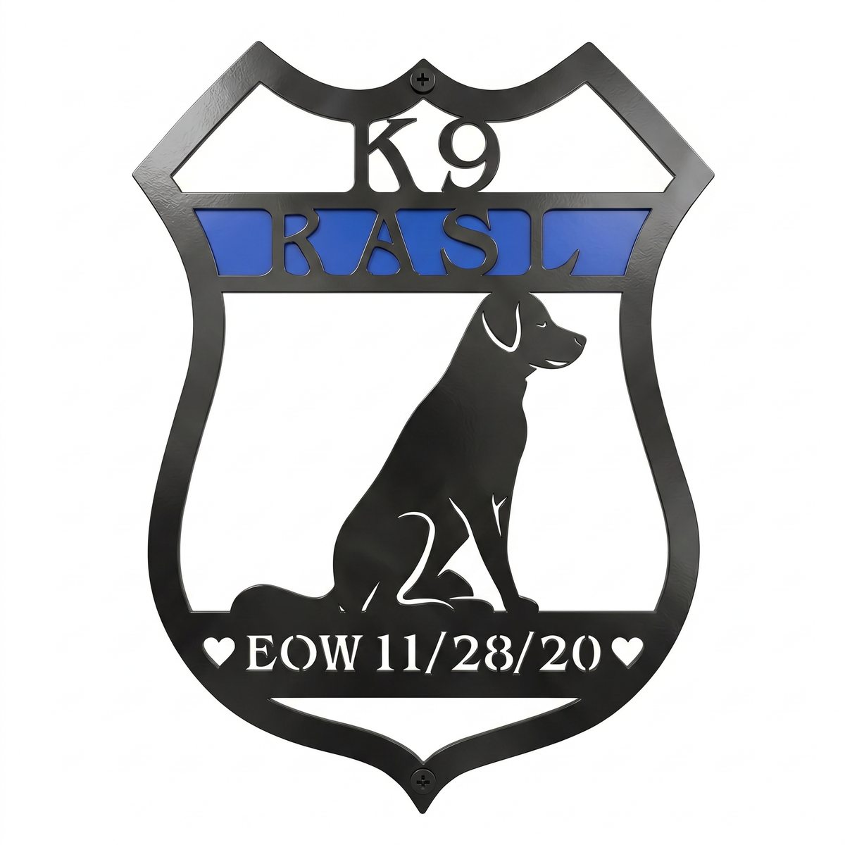 Black shield shaped personalized K9 memorial metal sign with blue stripe dog silhouette and EOW date displayed on a white background