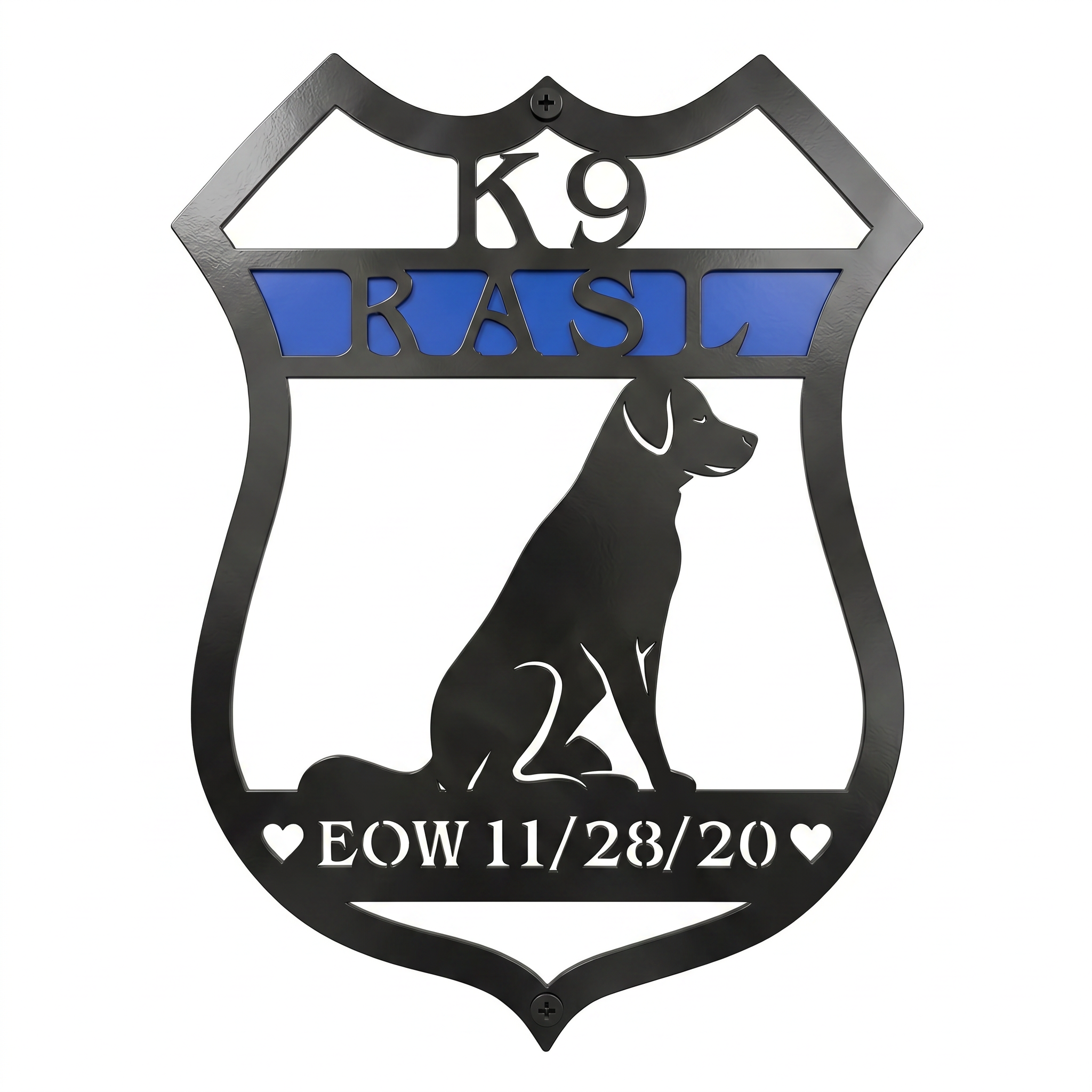Black shield shaped personalized K9 memorial metal sign with blue stripe dog silhouette and EOW date displayed on a white background