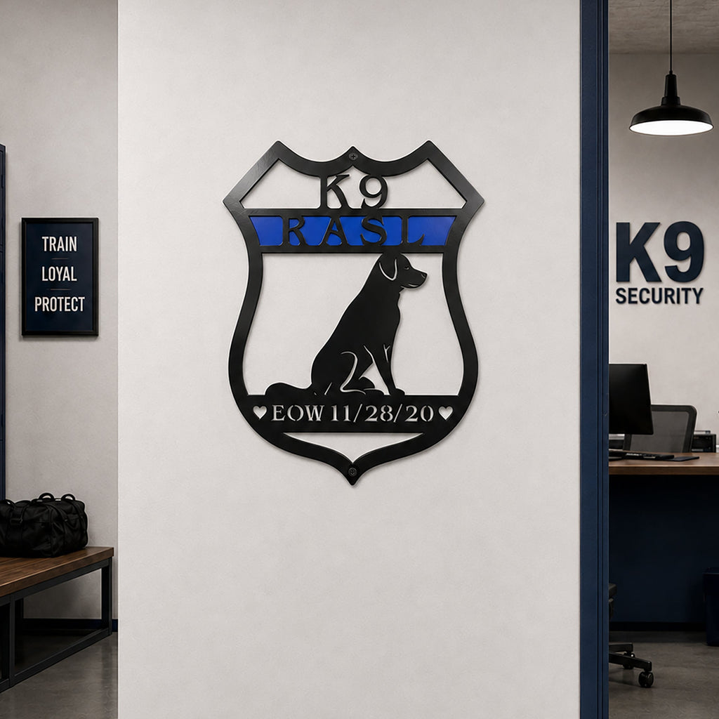 Personalized K9 memorial badge metal sign mounted on an interior wall in a K9 office and locker room setting