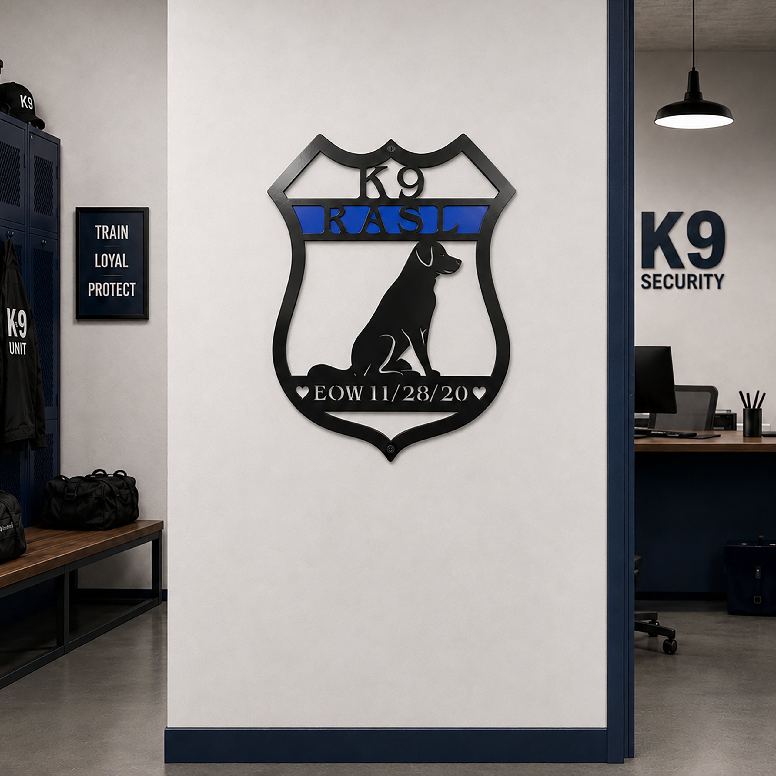 Personalized K9 memorial badge metal sign mounted on an interior wall in a K9 office and locker room setting
