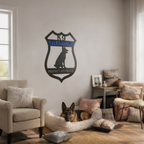 Custom metal K9 police dog sign featuring a German Shepherd silhouette, personalized K9 name, blue accent panel, and Protect and Serve wording for law enforcement décor.