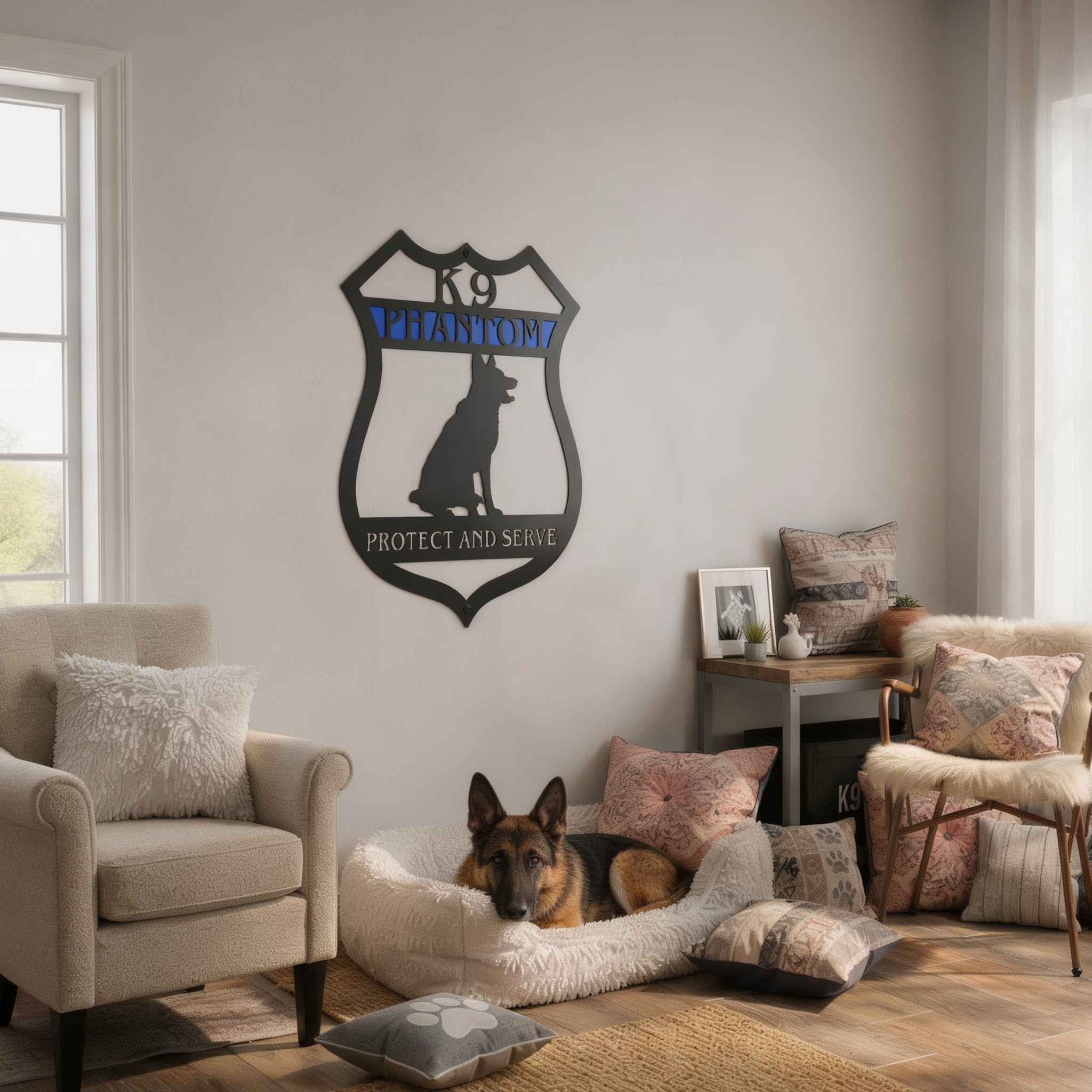 Custom metal K9 police dog sign featuring a German Shepherd silhouette, personalized K9 name, blue accent panel, and Protect and Serve wording for law enforcement décor.