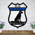 Black shield-shaped metal sign with a dog silhouette, blue line nameplate, and personalized EOW date memorial.