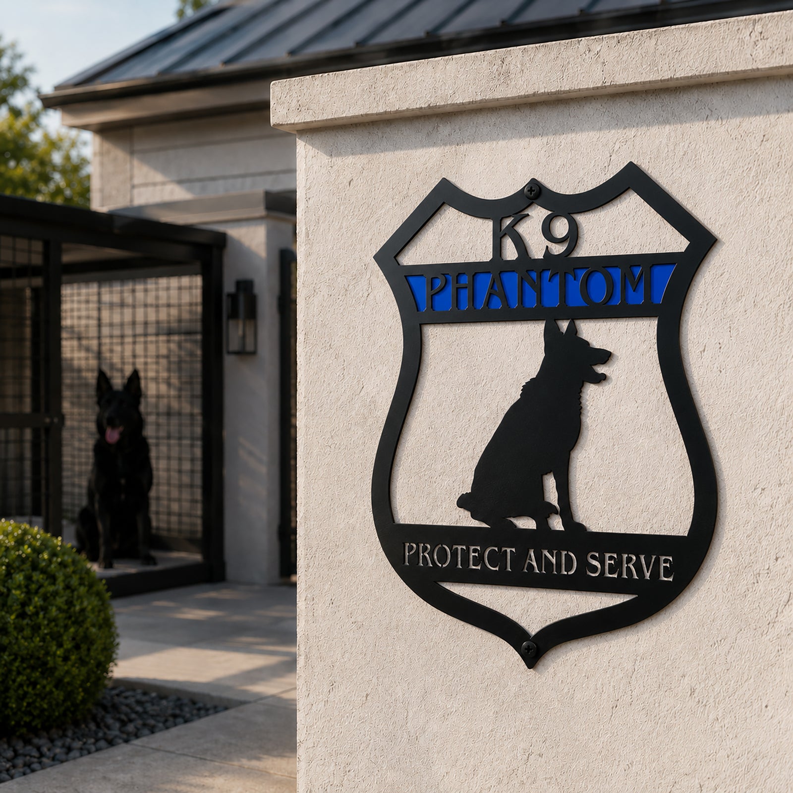 Personalized K9 unit metal sign with German Shepherd silhouette and custom name displayed in a professional law enforcement facility interior.