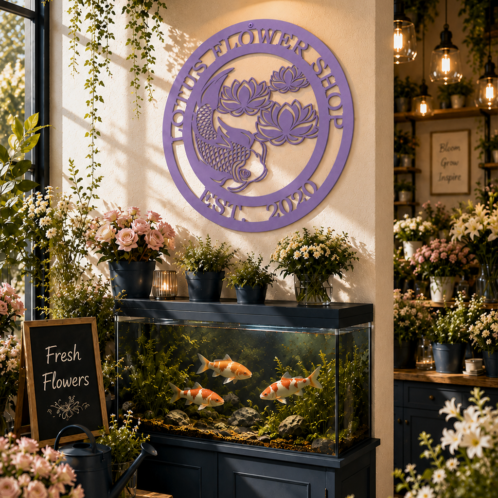 Custom Koi Fish and Lotus Flower Metal Wall Decor Sign in Lilac purple mounted above a freshwater aquarium inside a floral boutique