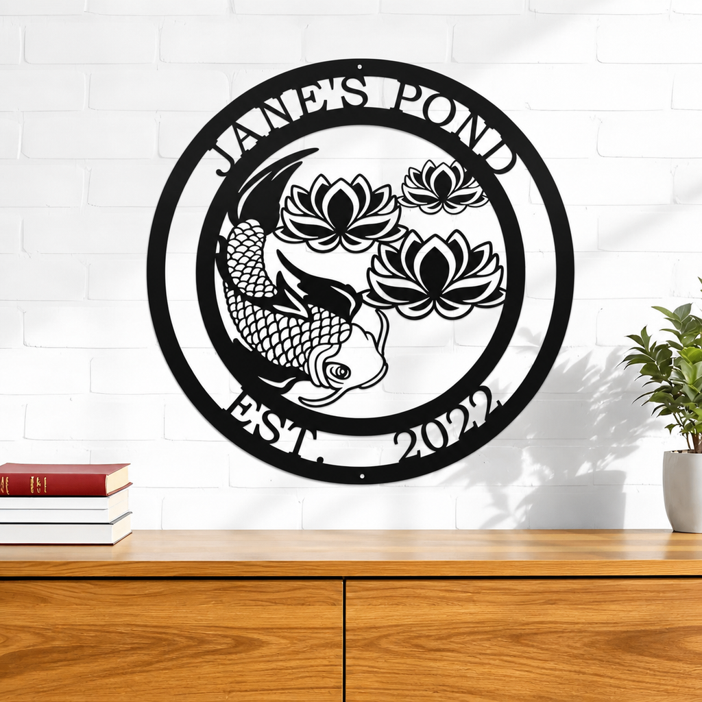 Custom koi fish metal wall art sign with lotus flower design and personalized pond name, black steel outdoor and indoor décor for garden, patio, or zen-inspired home display