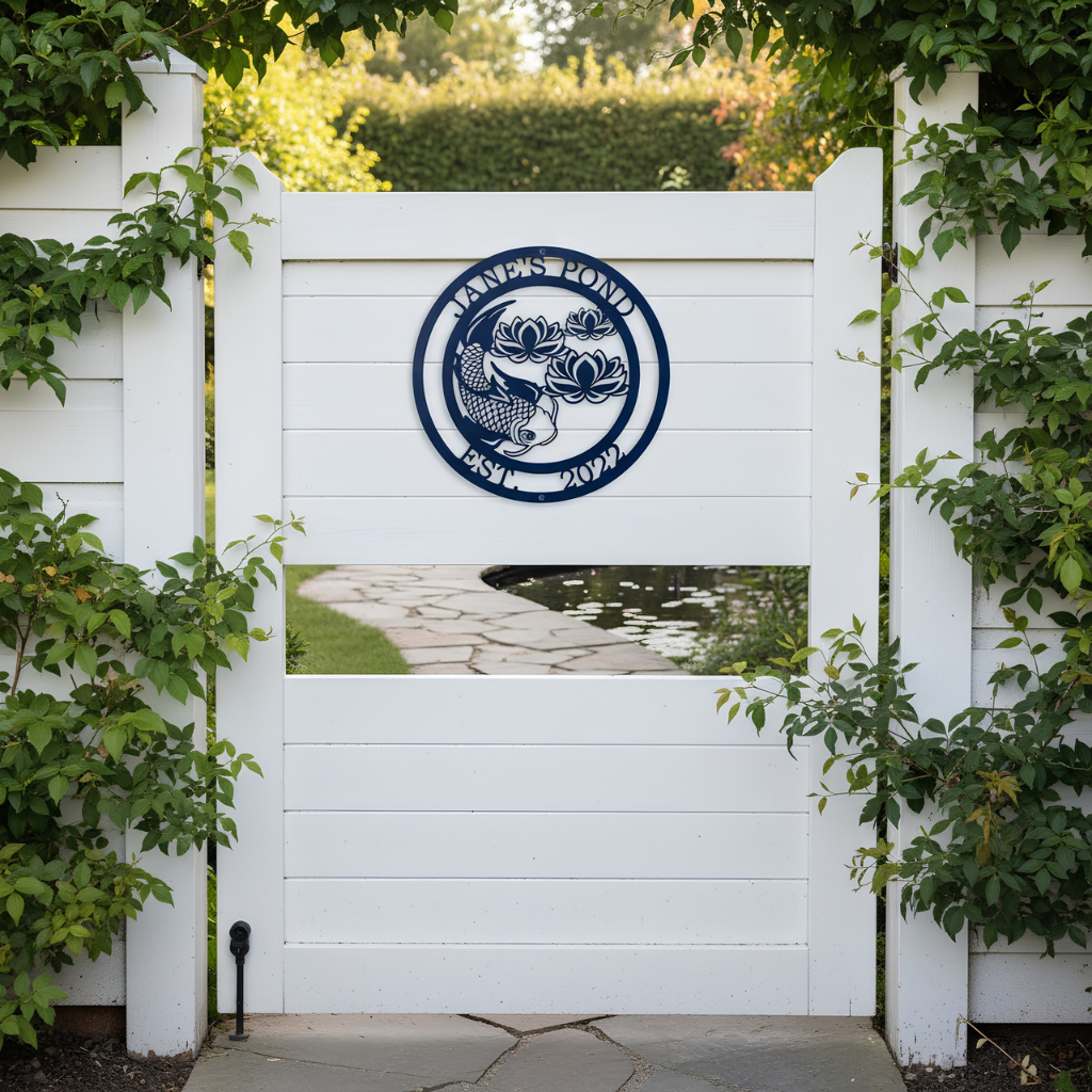 A navy blue round metal sign personalized with "Jane's Pond Est. 2022" featuring an intricate koi and water lily design, hanging centrally on a white wooden garden gate.