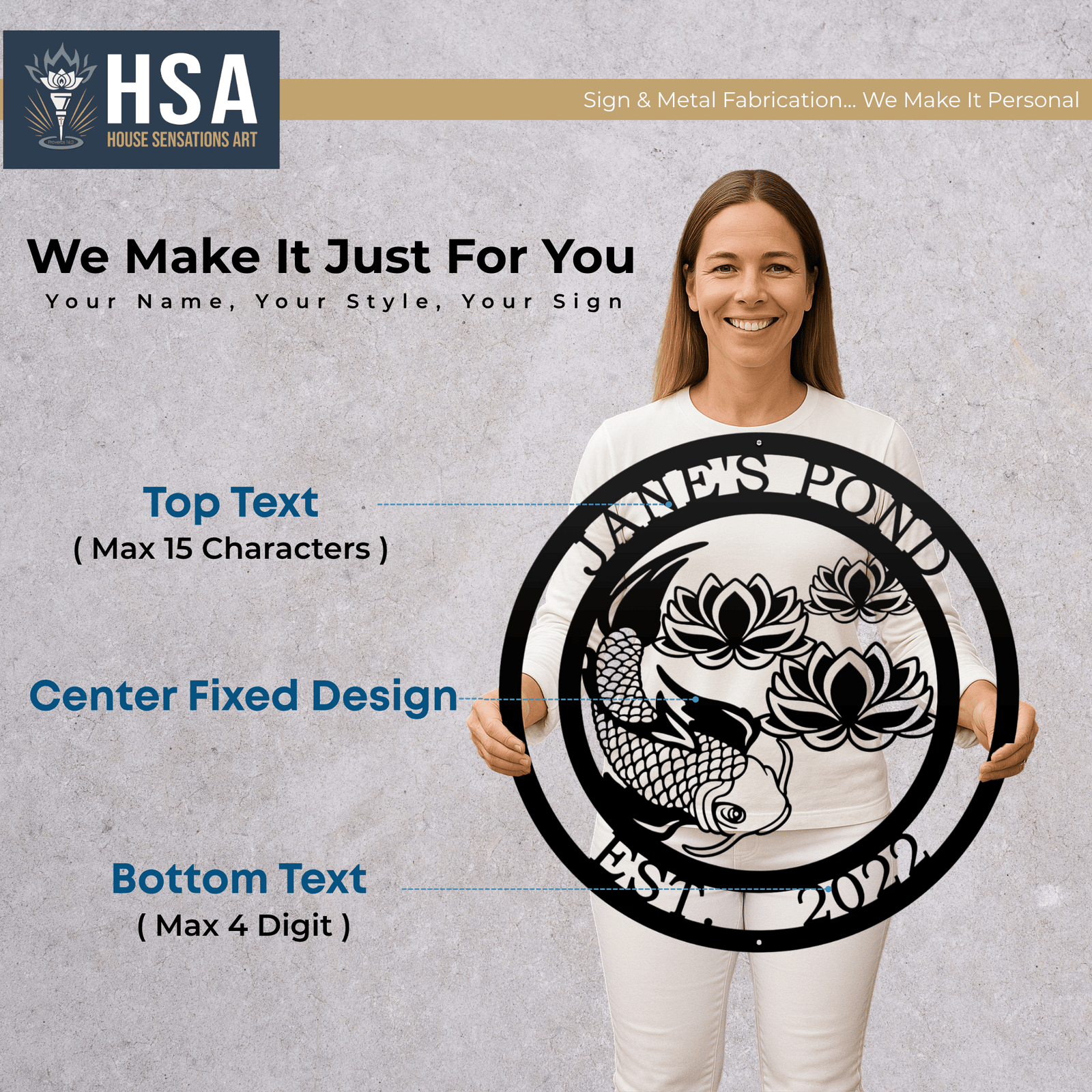 Personalized koi pond metal sign customization guide showing top text center fixed design and bottom text options