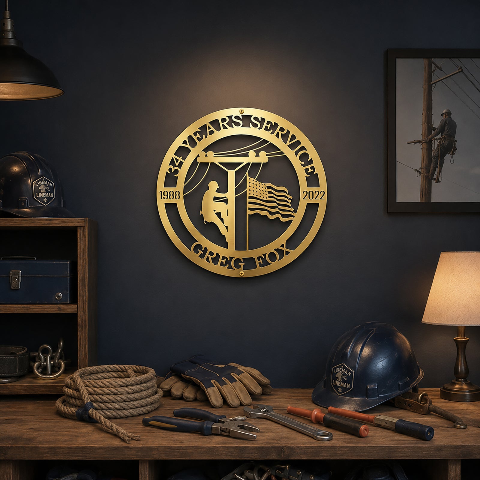 Gold lineman years of service metal sign displayed in workshop with hard hats rope and tools