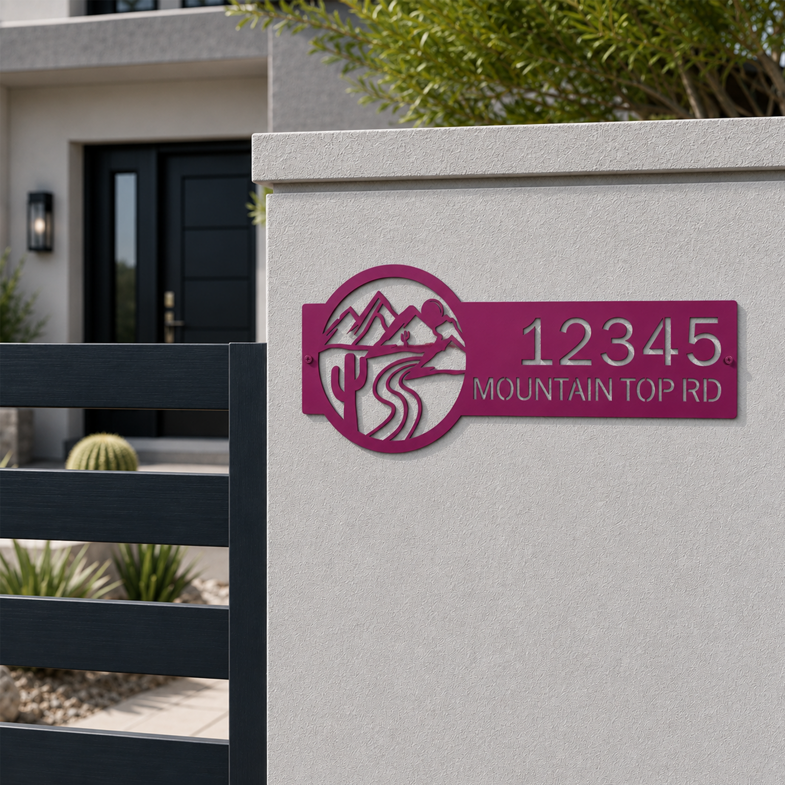 Magenta personalized mountain address sign with desert cactus and road design on gate wall