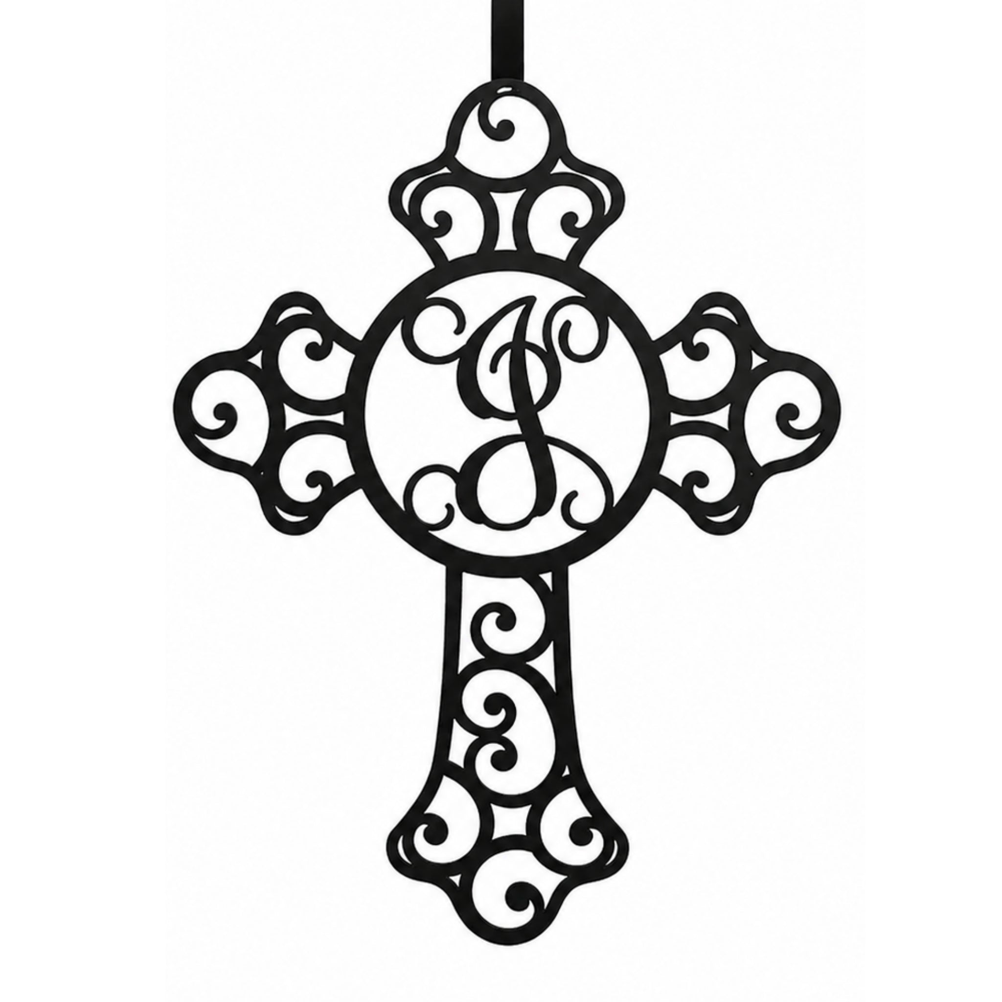 Black metal cross wall art with decorative scroll design and custom monogram initial, personalized Christian home decor for wall display