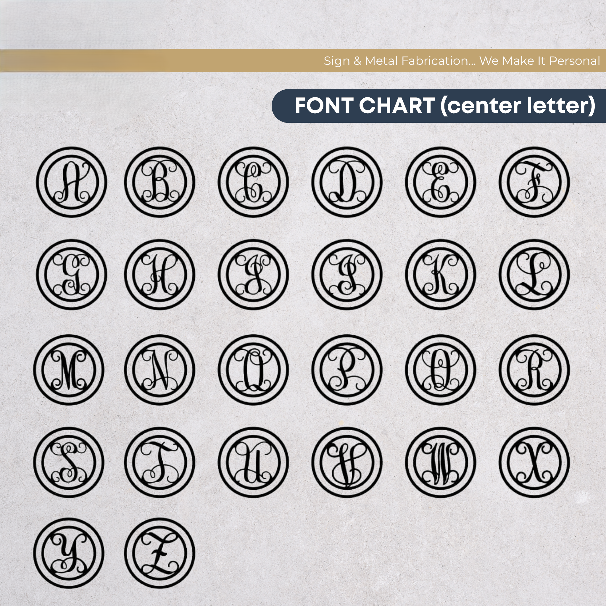 Decorative monogram alphabet font chart featuring elegant script center letters for personalized metal wall sign customization options