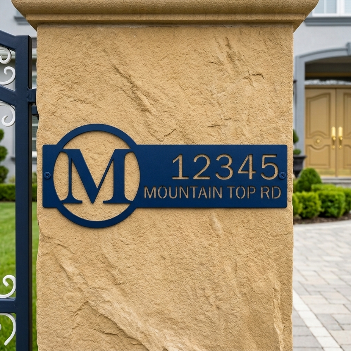 Ocean blue personalized monogram metal house address sign mounted on stone entry pillar