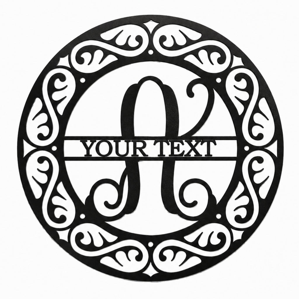 Black monogram metal wall sign with custom initial and personalized text, decorative round scroll design wall art for home or outdoor display