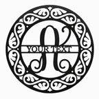 Black monogram metal wall sign with custom initial and personalized text, decorative round scroll design wall art for home or outdoor display