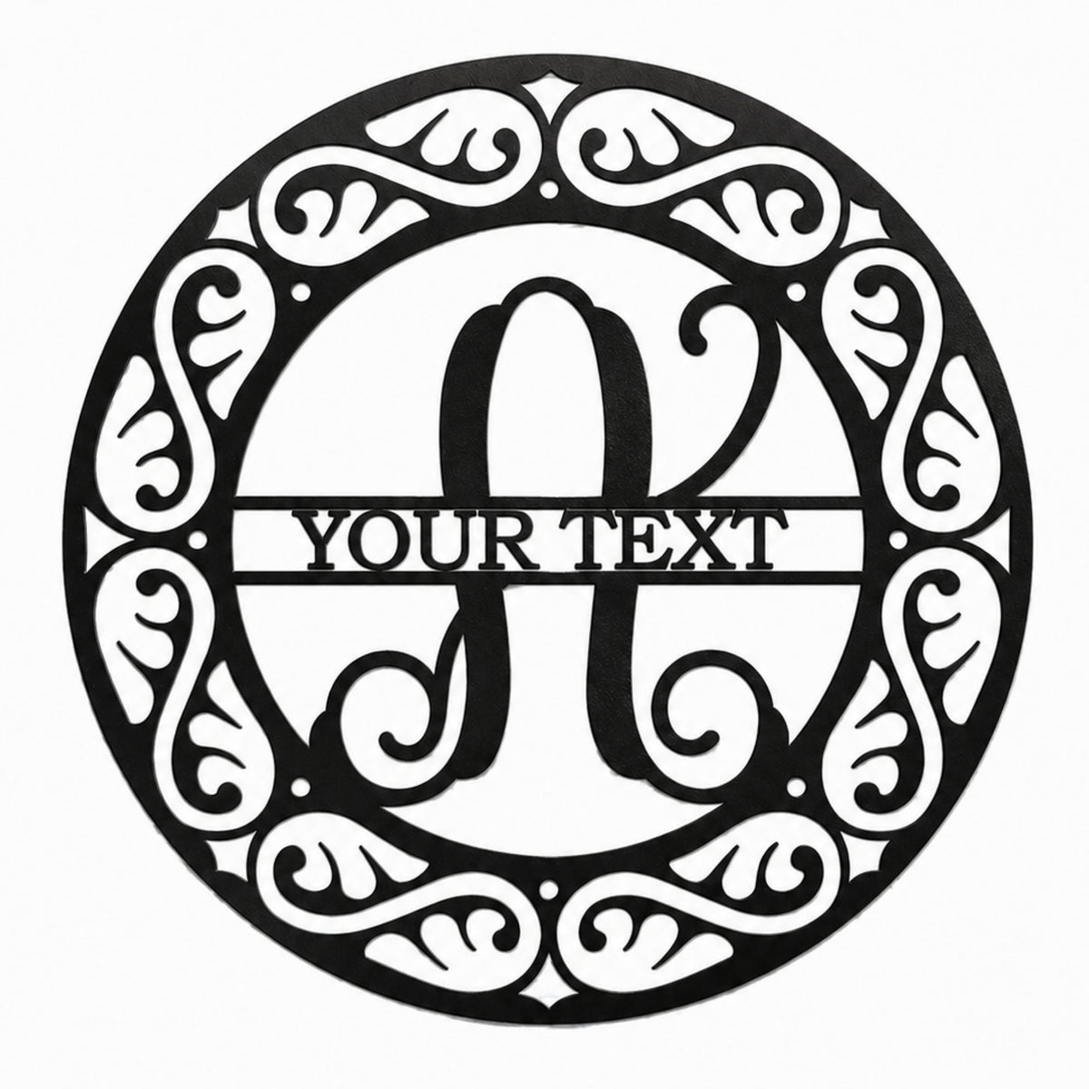 Black monogram metal wall sign with custom initial and personalized text, decorative round scroll design wall art for home or outdoor display