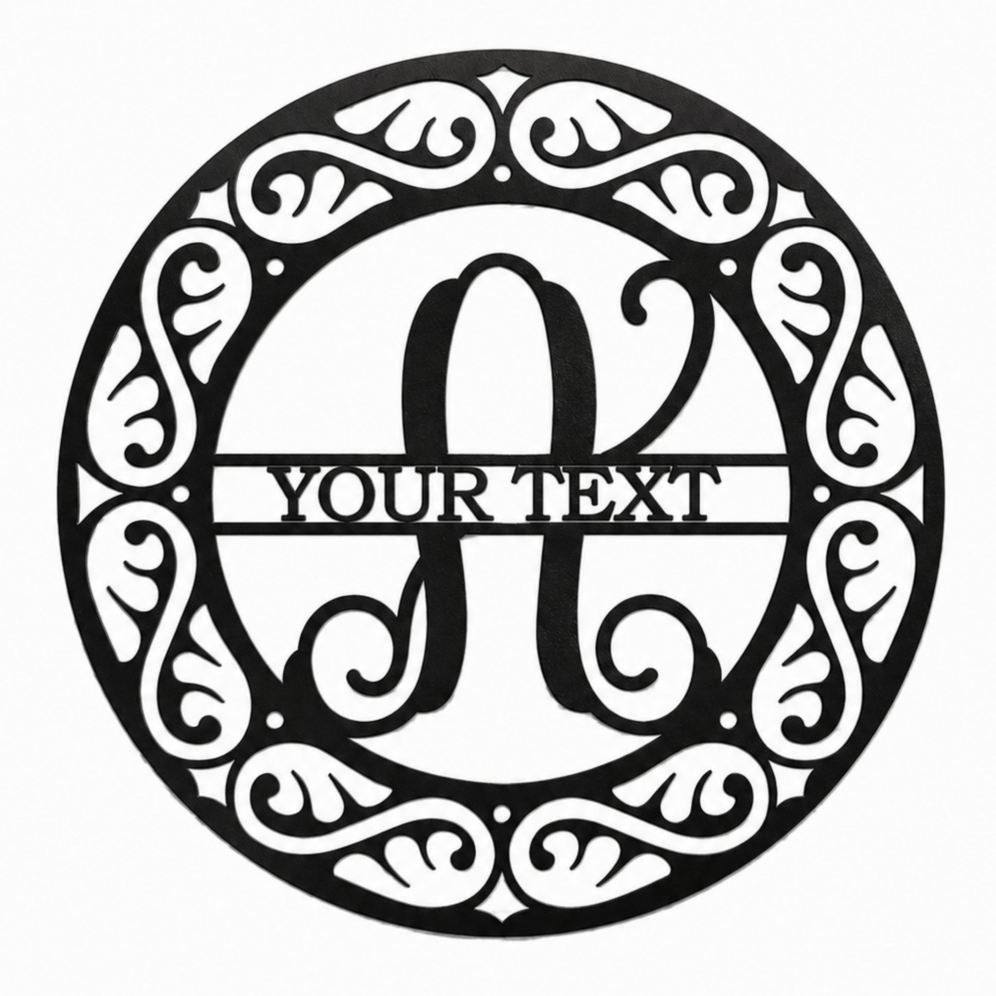 Black monogram metal wall sign with custom initial and personalized text, decorative round scroll design wall art for home or outdoor display