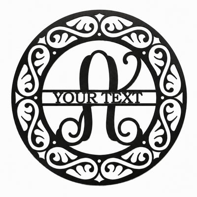 Black monogram metal wall sign with custom initial and personalized text, decorative round scroll design wall art for home or outdoor display