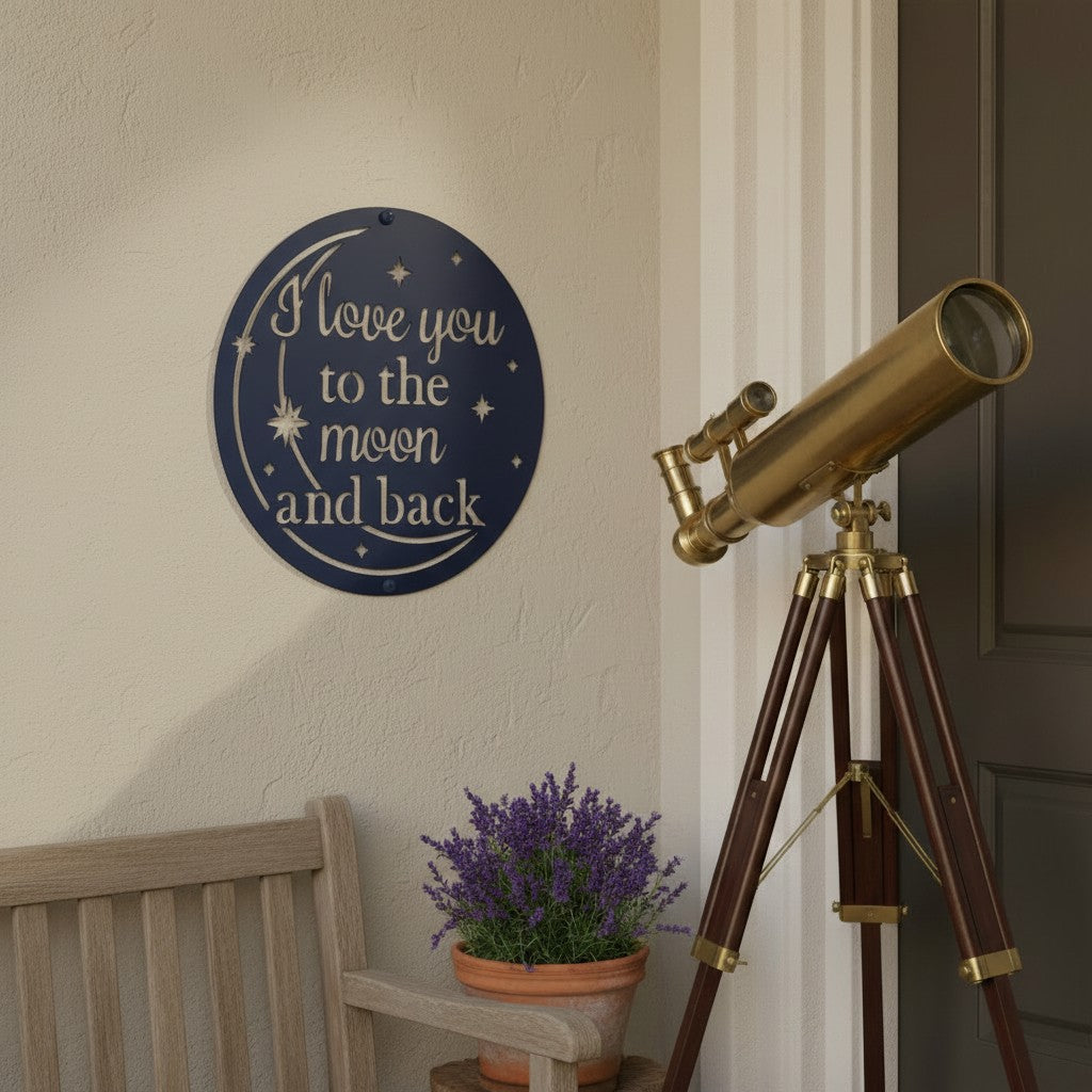 Dark satin black custom metal sign featuring romantic celestial text displayed on a beige living room wall next to a cozy blue armchair setup
