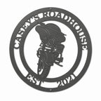 Metal motorcycle wall art with custom name Casey’s Roadhouse Est 2021, biker themed decor sign for garage, man cave, or home display