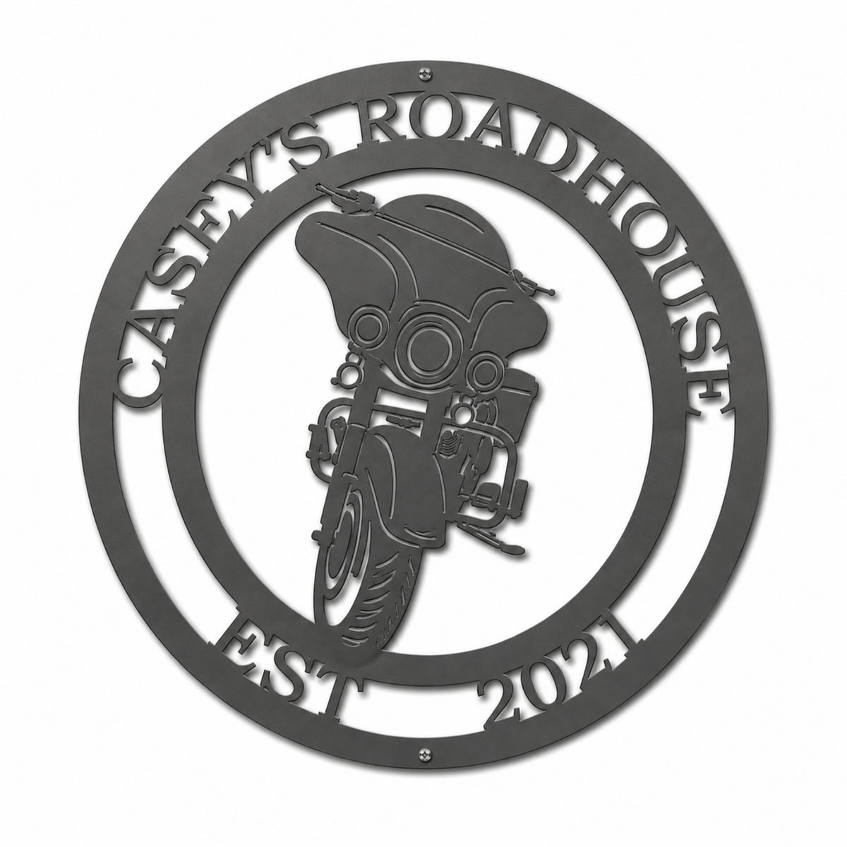 Metal motorcycle wall art with custom name Casey’s Roadhouse Est 2021, biker themed decor sign for garage, man cave, or home display