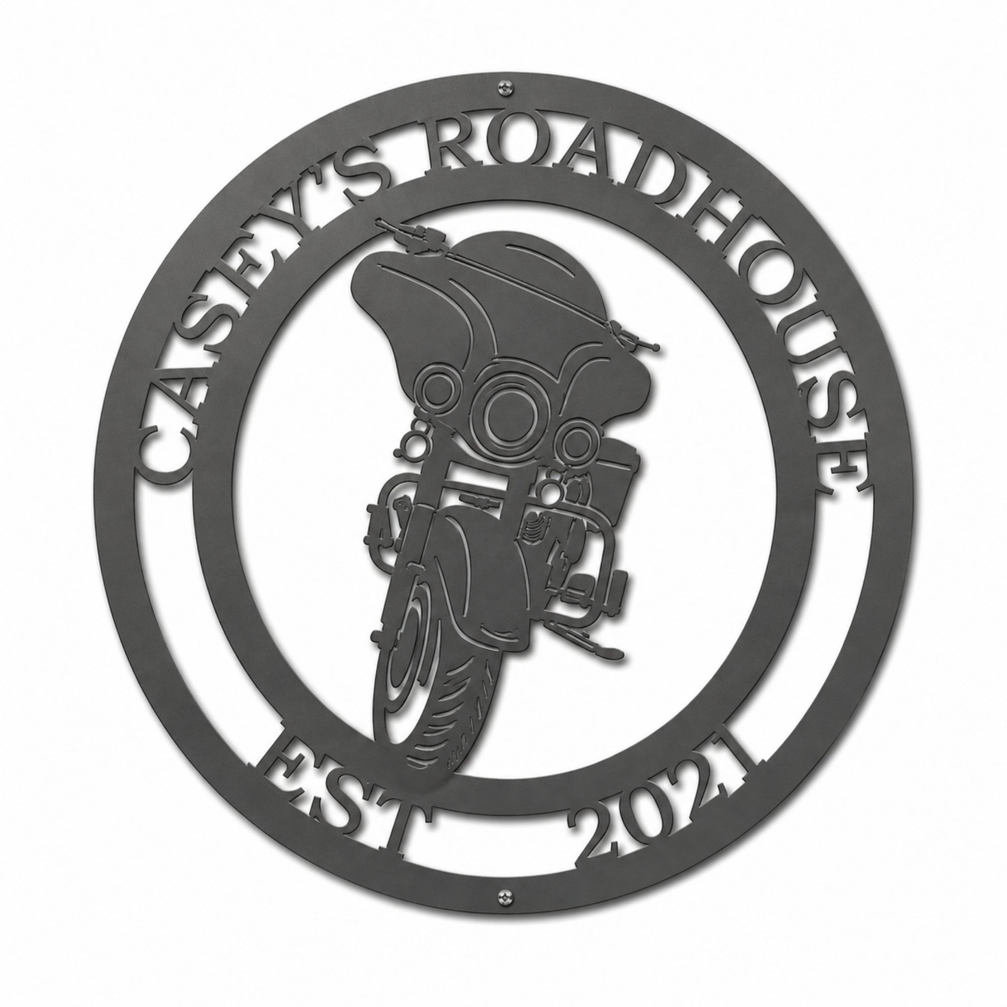 Metal motorcycle wall art with custom name Casey’s Roadhouse Est 2021, biker themed decor sign for garage, man cave, or home display