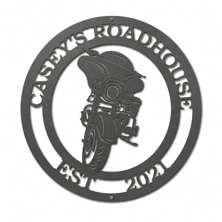Metal motorcycle wall art with custom name Casey’s Roadhouse Est 2021, biker themed decor sign for garage, man cave, or home display