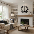 White shiplap living room featuring a custom circular metal anchor sign as a wall centerpiece.