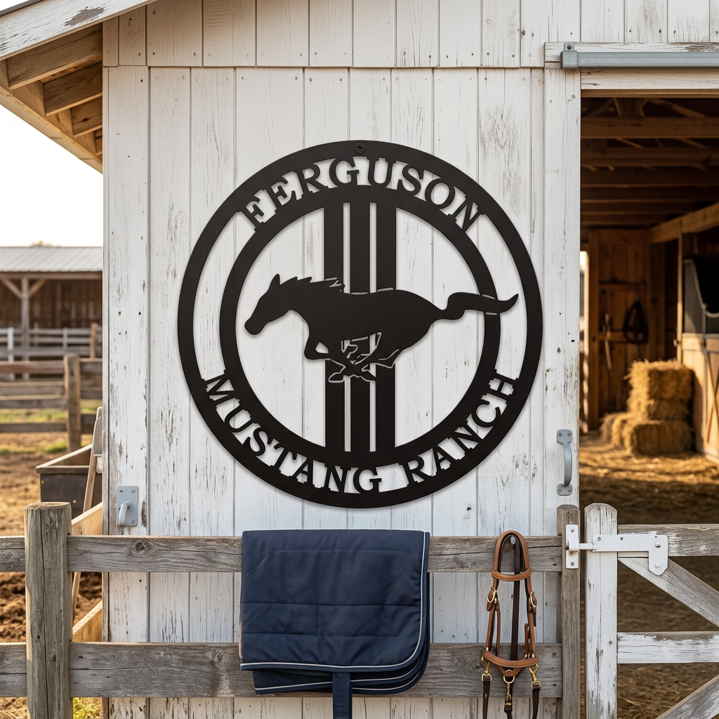 Black Mustang Ranch metal wall sign with running horse design displayed on rustic barn exterior