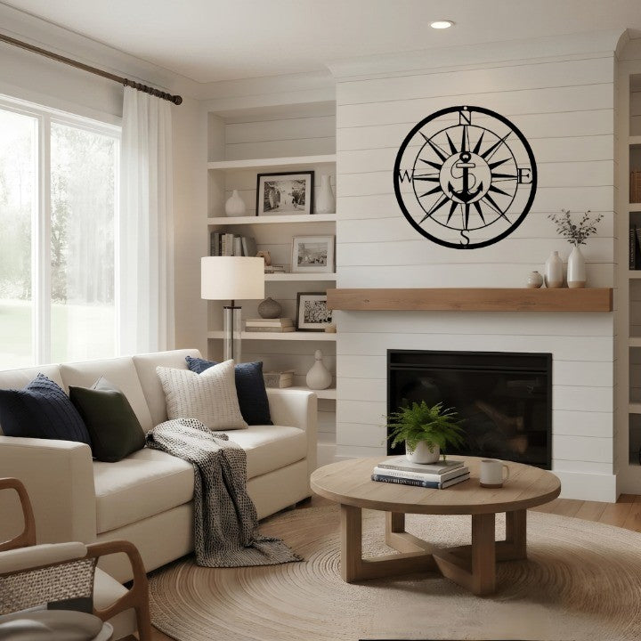 Family living room featuring a large black metal compass and anchor sign over a fireplace.