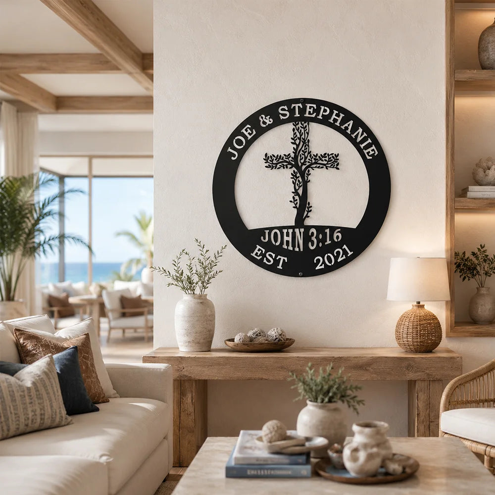 Personalized Cross Metal Wall Sign with Family Name Tree Decor