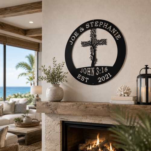 Black metal compass sign personalized with the Wishart name, mounted on white indoor shiplap in a bright dining room setting.