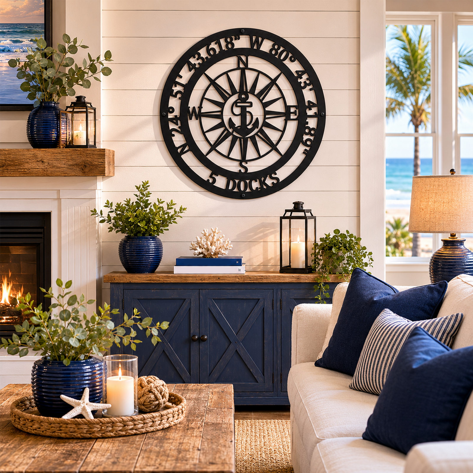 Custom black metal anchor compass sign with personalized latitude and longitude numbers hung above a wooden console table next to a stone fireplace.