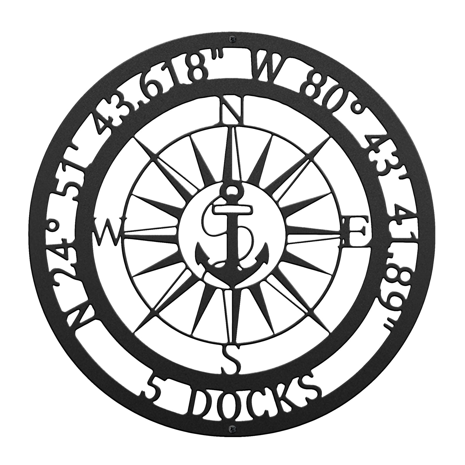 Custom nautical compass metal wall sign with anchor design and GPS coordinates on white background