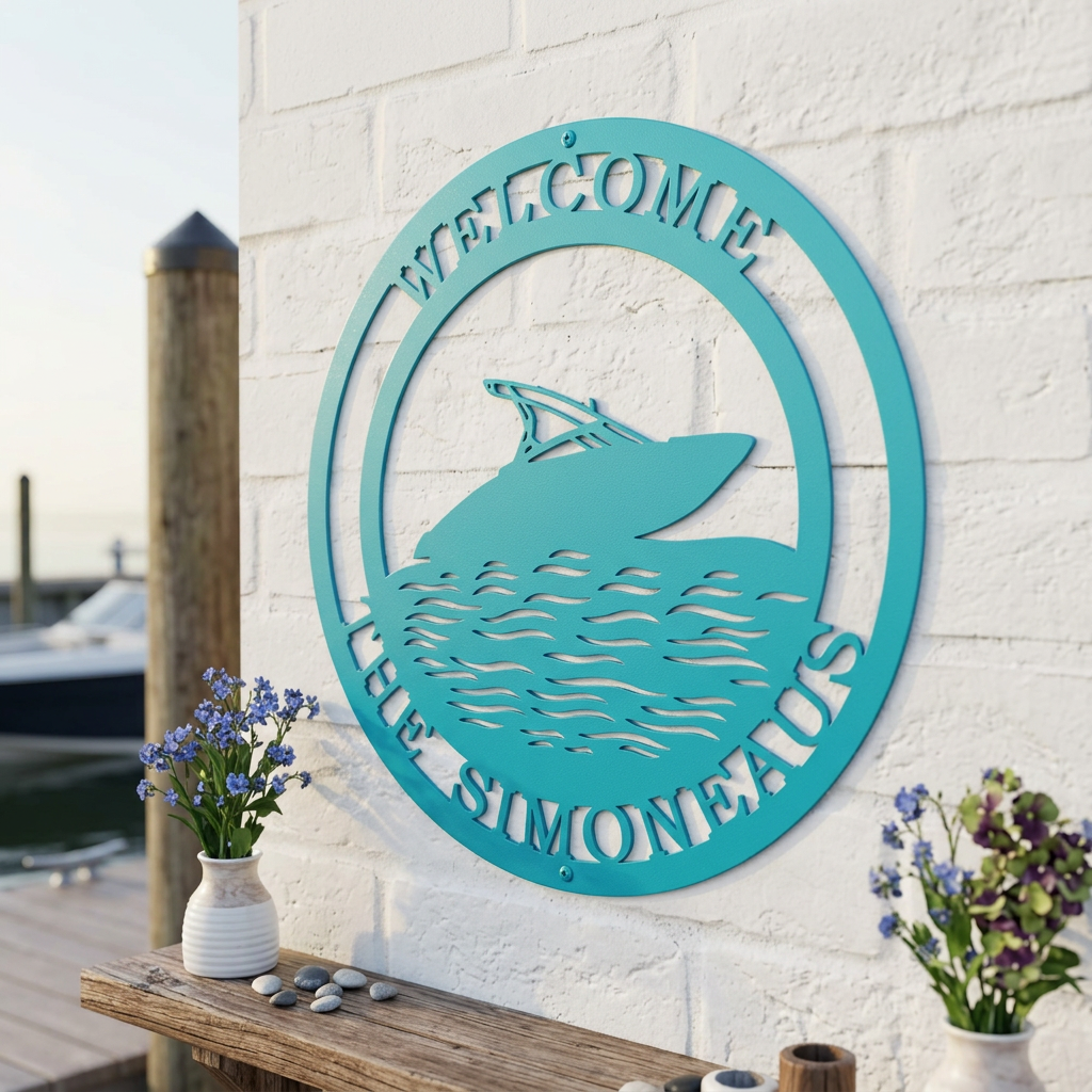 A teal round metal sign customized with "Welcome The Simoneaus" and a boat silhouette, fixed to a white textured brick wall on a marina dock.