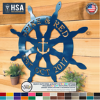 Custom ship wheel metal wall décor with anchor design family names and established date in blue finish for coastal home décor lake house and nautical themed wall decoration