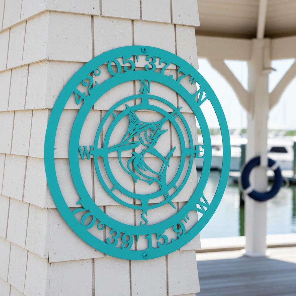 Personalized Swordfish Compass Metal Round Sign in vibrant teal color installed on a white wooden post overlooking a coastal marina