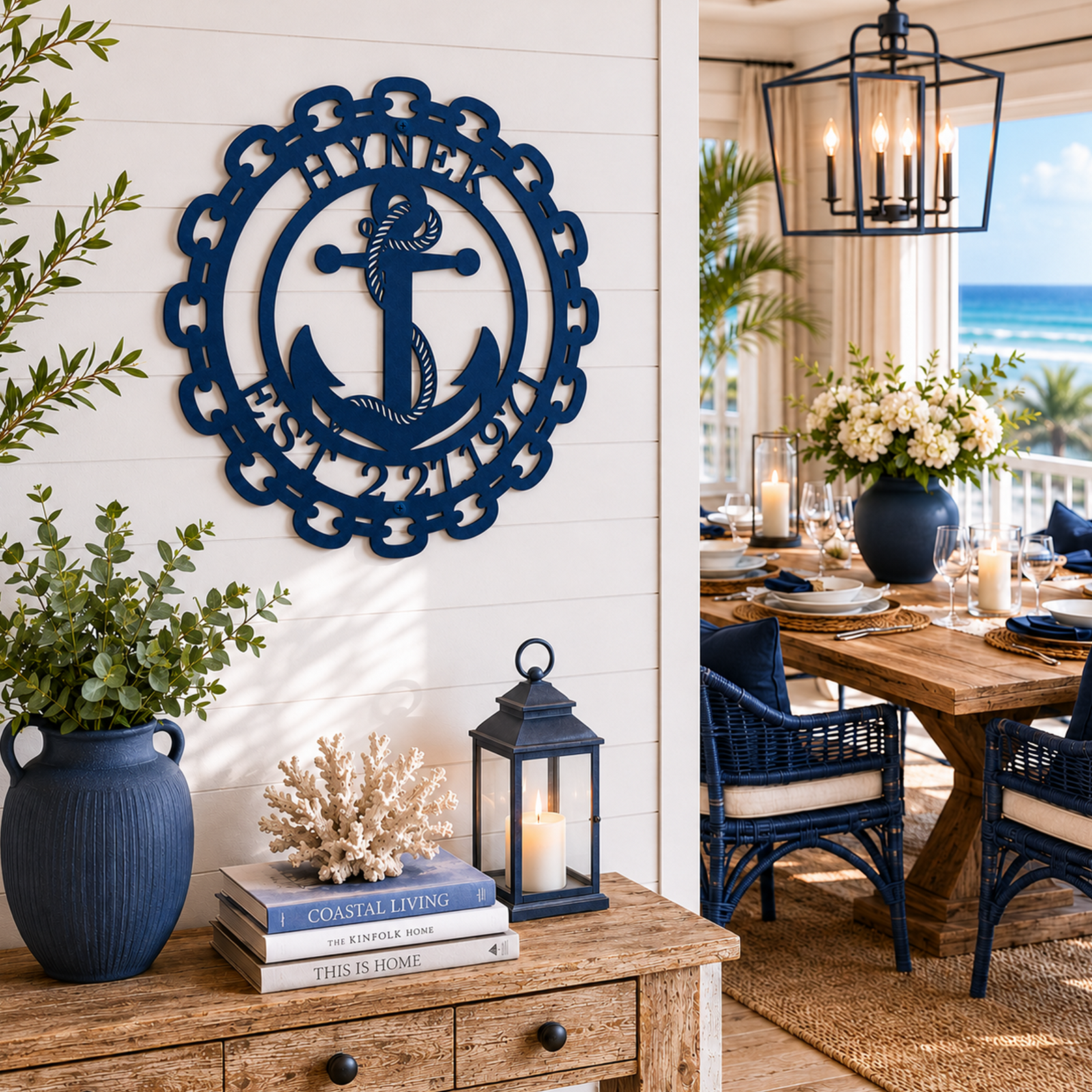 Ocean blue finish of the custom coastal anchor metal sign with personalized name, mounted over a wooden console table in a bright, nautical-themed dining space.
